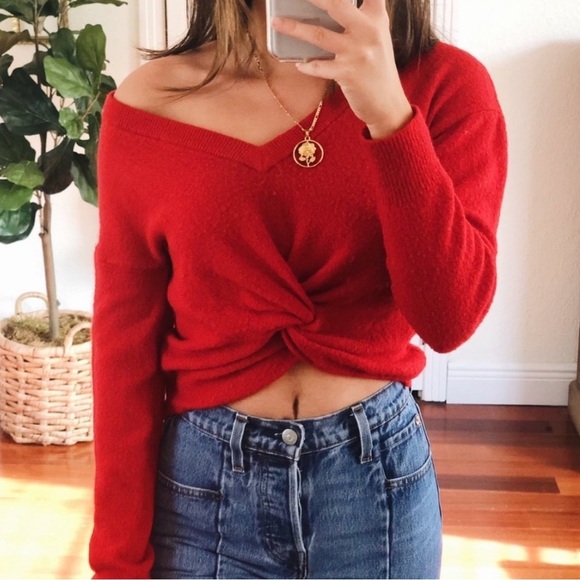 ❤️ Bright Red Knot-Front Long Sleeves V-Neck Brushed Knit Sweater - Picture 2 of 8